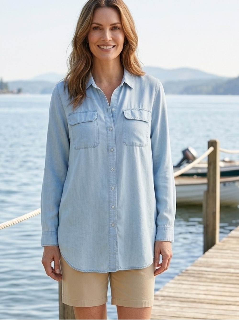 Chicos BUTTONDOWN CHAMBRAY 100% Tencel long sleeve Top size 1 Lightweight